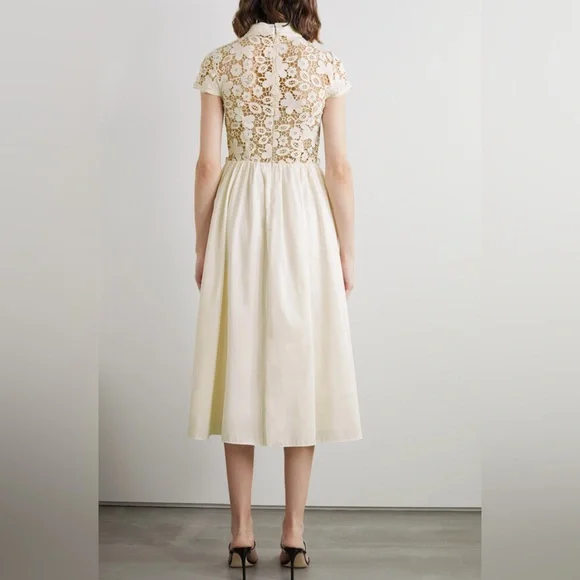 self Portrait Ivory Guipure Lace and Taffeta Midi Dress